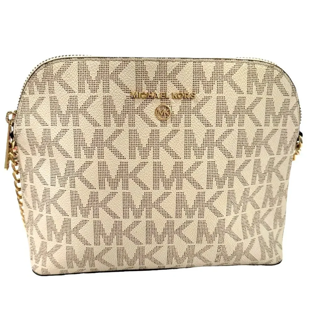 Michael Kors Classic Cream Logo Monogram Crossbody Gold Chain Shoulder Luxury
